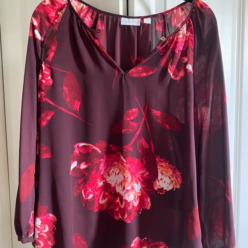 New York & Company Burgundy Floral Blouse